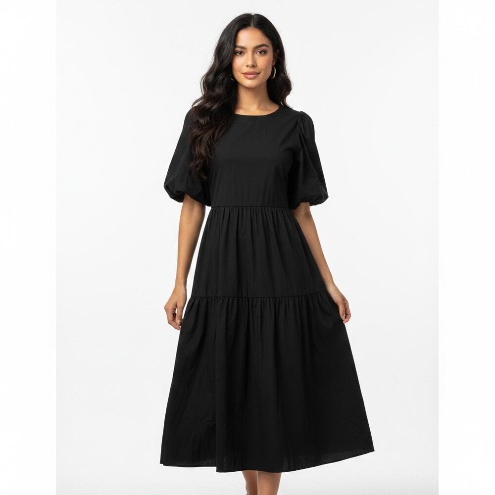 Reserved Black Puff Sleeve Tiered Midi Dress 6 Cottage Lagenlook Cotton Fall